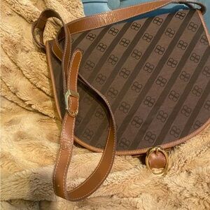 Vintage Balenciaga Patterned Crossbody Saddle Bag with Tan Leather Trim